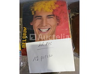 Set van 16 pruiken - nieuw en verpakt in verschillende modellen en kleuren set van 31 diverse pruiken - nieuw set van 12 pakjes supporter wigs belgium - nieuw set van 7 carnavalspruiken - nieuw set van 3 maryline monroe luxe model pruikensets - nieuw - afbeelding 1 van  6