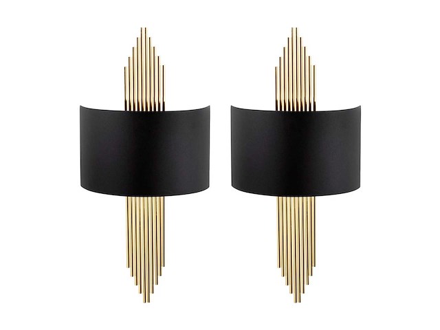 Set van 2 art deco metalen wandlampen - b. 22 x h. 75 cm - zwart en goud - afbeelding 1 van  5