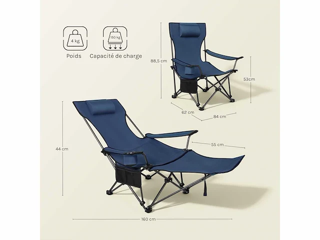 Set van 2 draagbare campingstoelen, klapstoel voor kamperen, met draagtas, blauw - afbeelding 3 van  8
