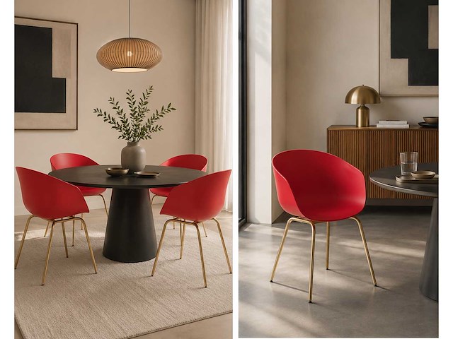 Set van 2 eleganza stoelen - gouden poot en 2 rode stoelen met armleuningen - afbeelding 1 van  1