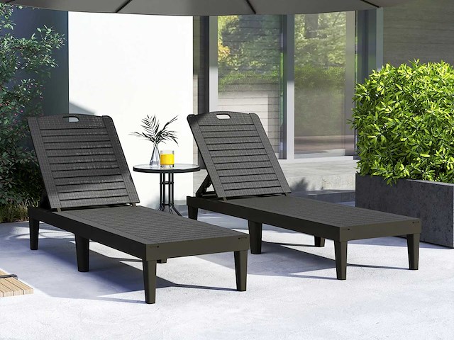 Set van 2 ligstoelen, loungestoel met 4-posities verstelbare rugleuning zwart - afbeelding 1 van  8