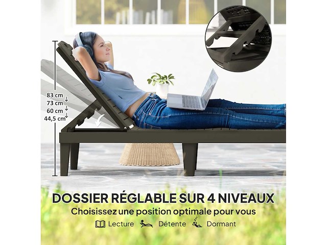 Set van 2 ligstoelen, loungestoel met 4-posities verstelbare rugleuning zwart - afbeelding 5 van  8