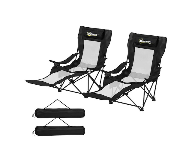 Set van 2 opvouwbare ligstoelen met afneembare voetensteun, hoofdsteun, bekerhouder en hoes, zwart - afbeelding 2 van  5
