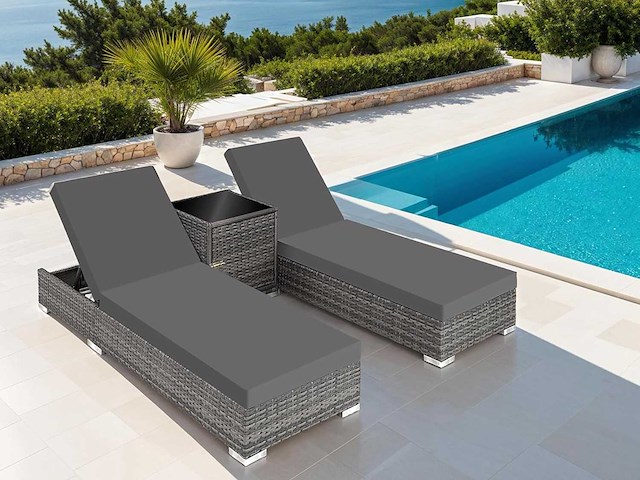 Set van 2 rotan en aluminium ligstoelen met tafel en beschermhoes - grijs - afbeelding 1 van  8