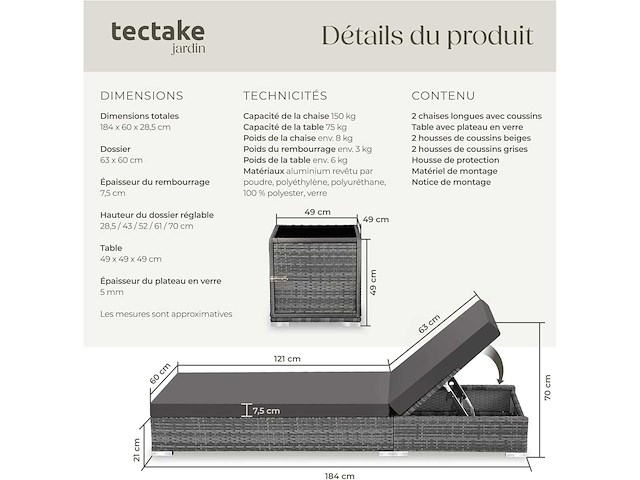 Set van 2 rotan en aluminium ligstoelen met tafel en beschermhoes - grijs - afbeelding 4 van  8