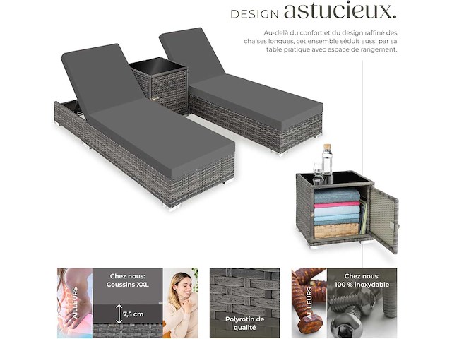 Set van 2 rotan en aluminium ligstoelen met tafel en beschermhoes - grijs - afbeelding 6 van  8