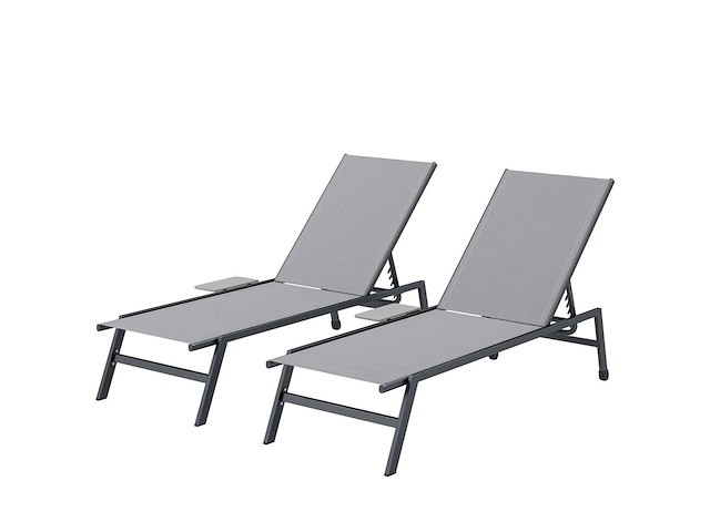 Set van 2 tuinligstoelen met 5-standen verstelbare rugleuning, bijzettafeltje, 2 wielen, antislipvoeten grijs - afbeelding 2 van  6