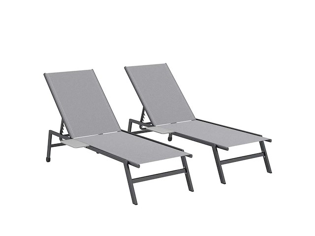 Set van 2 tuinligstoelen met 5-standen verstelbare rugleuning, bijzettafeltje, 2 wielen, antislipvoeten grijs - afbeelding 6 van  6