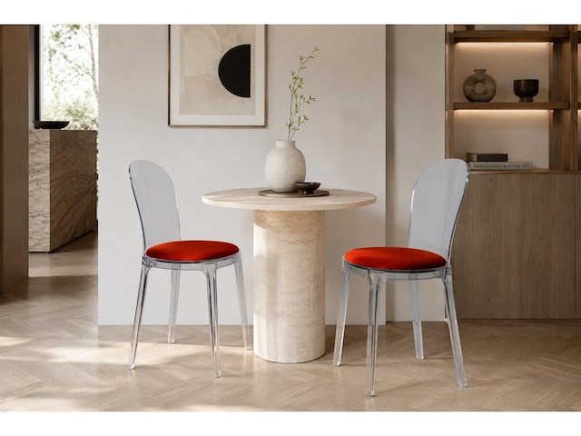 Set van 2 vanillestoelen - gerookte structuur - rode stoffen zitting (87 x 55 x 40 cm) - afbeelding 2 van  2