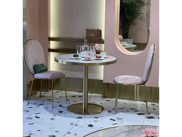 Set van 3 bruno eettafeltafels: 2 van 60 cm in diameter en 1 van 100 cm in diameter: gouden poot en massief wit synthetisch marmer - afbeelding 5 van  8