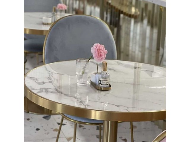 Set van 3 bruno eettafeltafels: 2 van 60 cm in diameter en 1 van 100 cm in diameter: gouden poot en massief wit synthetisch marmer - afbeelding 6 van  8