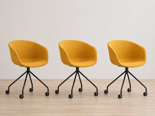 Set van 3 designerstoelen - zwarte vaste poot - gele stoffen stoel - afbeelding 1 van  2