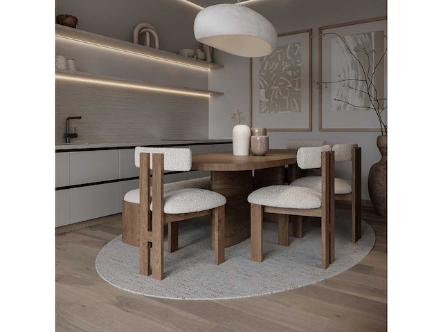 Set van 3 luna-stoelen - walnoothouten frame - beige krulbare wollen stoel - afbeelding 1 van  8
