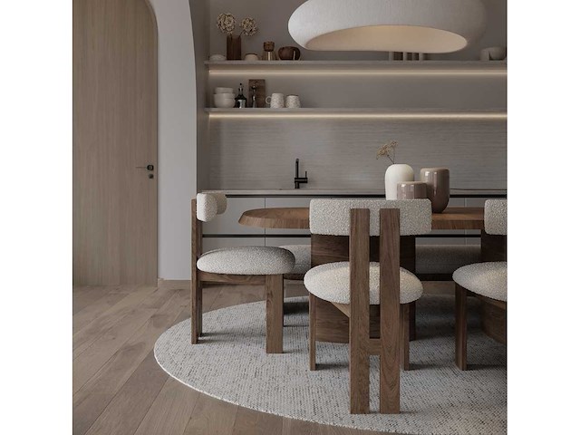 Set van 3 luna-stoelen - walnoothouten frame - beige krulbare wollen stoel - afbeelding 3 van  7