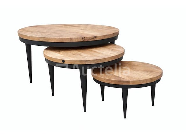 Set van 3 salontafels, negen massief hout en metaal - afbeelding 1 van  1