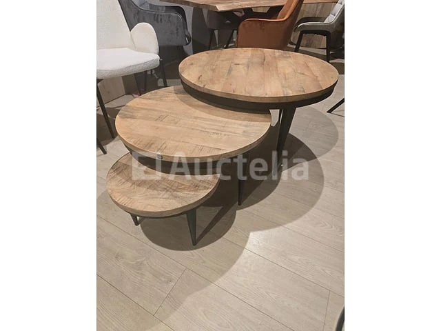 Set van 3 salontafels, negen massief hout en metaal - afbeelding 1 van  1