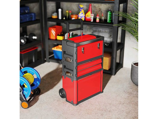 Set van 3 stapelbare en modulaire stalen wielwielen gereedschapskisten met tray, handvatten en slot, rood - afbeelding 1 van  7