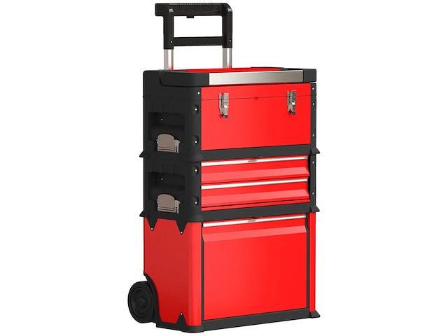 Set van 3 stapelbare en modulaire stalen wielwielen gereedschapskisten met tray, handvatten en slot, rood - afbeelding 2 van  7