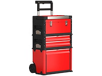 Set van 3 stapelbare en modulaire stalen wielwielen gereedschapskisten met tray, handvatten en slot, rood - afbeelding 2 van  7