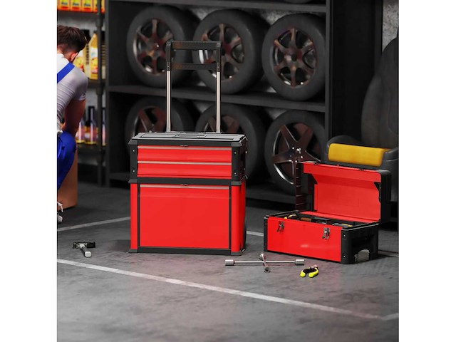 Set van 3 stapelbare en modulaire stalen wielwielen gereedschapskisten met tray, handvatten en slot, rood - afbeelding 3 van  7