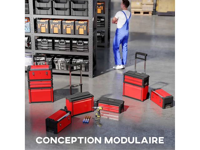 Set van 3 stapelbare en modulaire stalen wielwielen gereedschapskisten met tray, handvatten en slot, rood - afbeelding 5 van  7