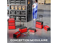 Set van 3 stapelbare en modulaire stalen wielwielen gereedschapskisten met tray, handvatten en slot, rood - afbeelding 5 van  7