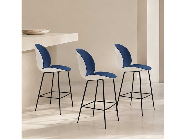 Set van 3 zwarte bella voetenkrukjes - 65 cm - witte plastic zitting en blauwe stoffen - afbeelding 1 van  2