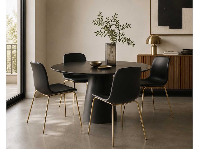 Set van 4 designerstoelen - gouden poot en 4 zwarte leren stoelen zonder armleuningen - afbeelding 1 van  2