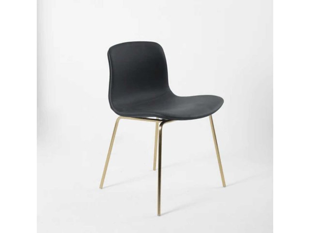 Set van 4 designerstoelen - gouden poot en 4 zwarte leren stoelen zonder armleuningen - afbeelding 2 van  2