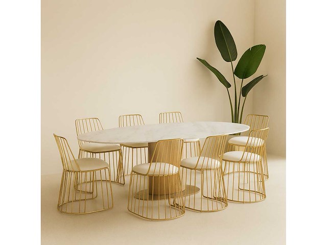 Set van 4 sluierstoelen met rugleuning - gouden structuur - echte leren stoelen - afbeelding 2 van  4