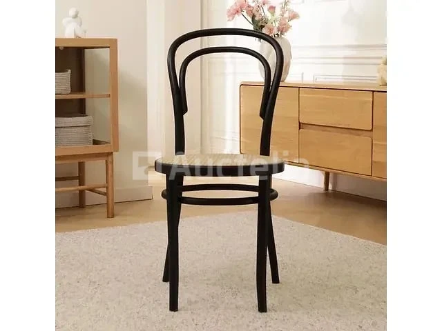 Set van 4 thonet-stoelen zwart hout - natuurlijke rotan zitting - afbeelding 3 van  7