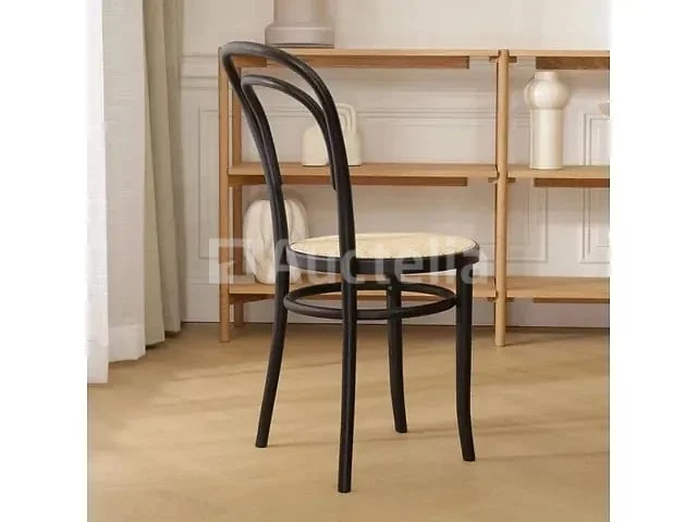 Set van 4 thonet-stoelen zwart hout - natuurlijke rotan zitting - afbeelding 4 van  7