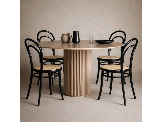 Set van 4 zwarte houten smedstoelen - natuurlijke rotan zitting (90 x 50 x 45 cm) - afbeelding 1 van  6