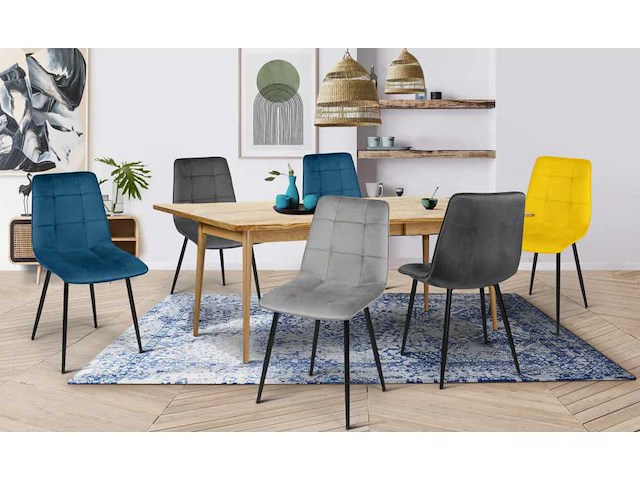 Set van 6 fluwelen stoelen in kleuren blauw x2, donkergrijs x2, lichtgrijs, geel - afbeelding 2 van  6