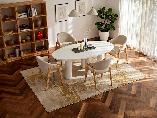 Set van 6 stoelen met armleuningen in badstof en rubberhout - taupe en natuurlijk - afbeelding 2 van  10