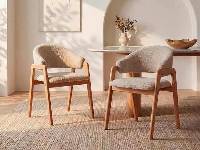 Set van 6 stoelen met armleuningen in badstof en rubberhout - taupe en natuurlijk - afbeelding 3 van  10