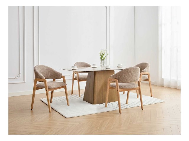 Set van 6 stoelen met armleuningen in badstof en rubberhout - taupe en natuurlijk - afbeelding 9 van  10