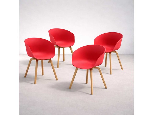 Set van 7 hygge-stoelen - natuurlijke houten poot - rode stoel - afbeelding 1 van  2