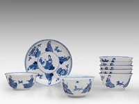 Seven chinese blue and white ‘beauty in a chamber’ cups and one matching saucer, kangxi period, h 4 - ø 8,5 cm (cup) / ø 12,5 cm (saucer) (8)
