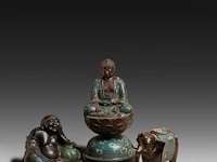 Seven japanese champlevé enameled bronzes, including figures and vases, 19th/20thc, tallest h 45,5 cm