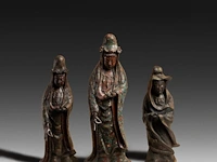 Seven japanese champlevé enameled bronzes, three depicting kannon and four vases, signed, 19th/20thc, tallest h 55,5 cm
