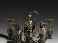 Seven japanese champlevé enameled bronzes; three figures representing kannon and two pairs of vases, 19th/20thc, tallest h 66 cm