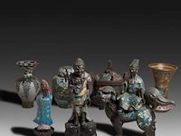 Seven japanese champlevé enameled bronzes; three figures, three vases and one censer, 19th/20thc, tallest h 46 cm