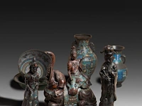 Seven japanese champlevé enameled bronzes; three figures, two bowls and two vases, 19th/20thc, tallest h 70 cm