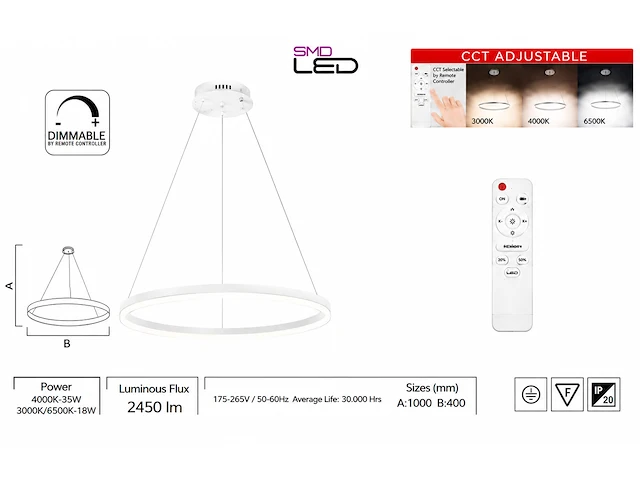 Sfeervolle design led hanglamp (horoz) – 35w – ip20 – harvey-35 3cct (1 stuks) - afbeelding 5 van  5
