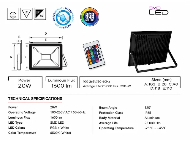 Sfeervolle rgb led floodlight met afstandsbediening – 20w – rgb – ip65 – remix-20 (10 stuks) - afbeelding 5 van  5