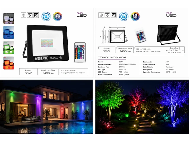 Sfeervolle rgb led floodlight met afstandsbediening – 30w – rgb – ip65 – remix-30 (4 stuks) - afbeelding 3 van  5