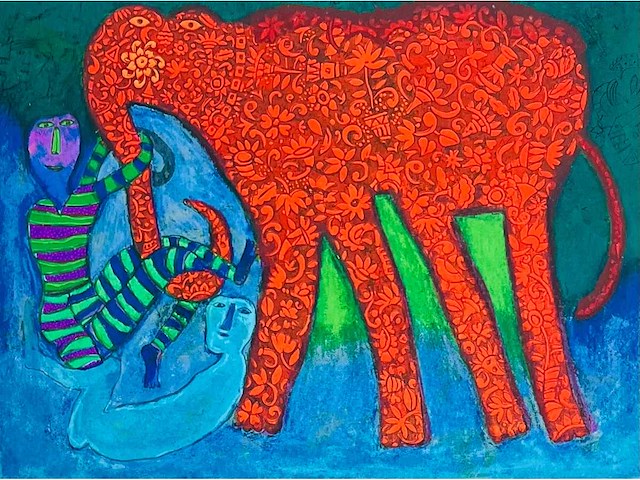 Shahid parvez - red elephant - kleurenzeefdruk - afbeelding 1 van  15