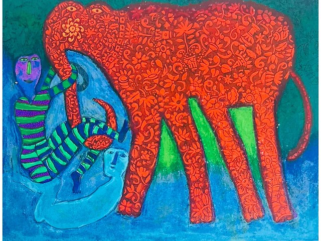 Shahid parvez - red elephant - kleurenzeefdruk - afbeelding 1 van  8