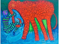Shahid parvez - red elephant - kleurenzeefdruk - afbeelding 1 van  8